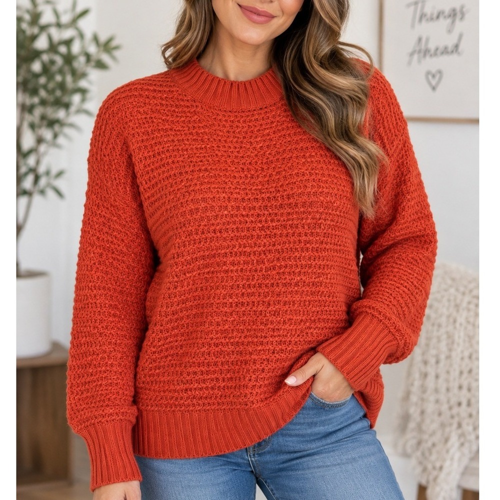 ⭐️ Womens Burnt Orange Mock Neck Chunky Knit Sweater Balloon Sleeve Large Fall
